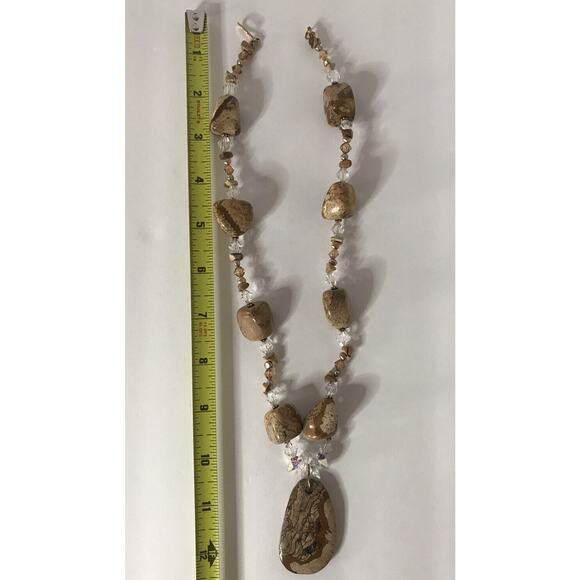 Bohemian Glass Beaded Necklace Agate Champagne Beige Stone Earthy Statement 20"" - Picture 9 of 10